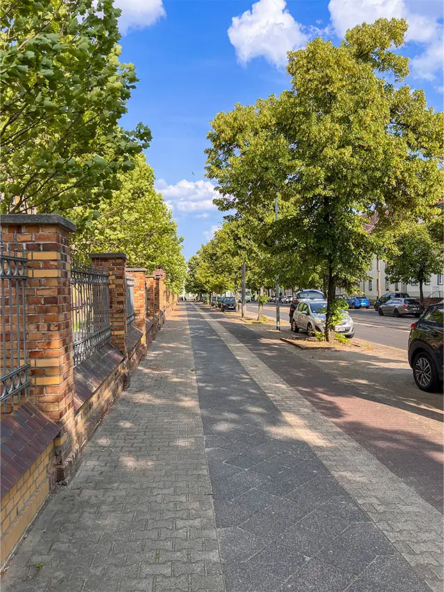 WOWI FFO Stadtteil: Blick auf eine Straße mit Bäumen und geparkten Autos.