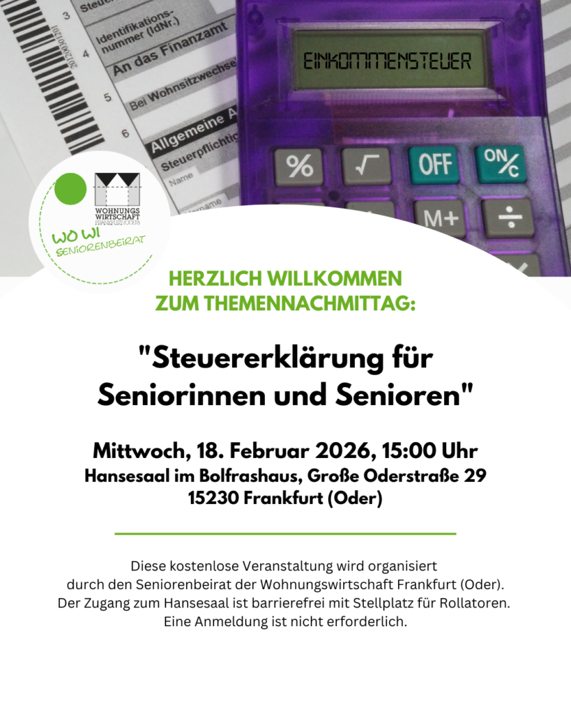 Steuererklärung für Senioren: Ankündigung mit Taschenrechner, Steuerformularen und Seniorenbeirat-Logo.