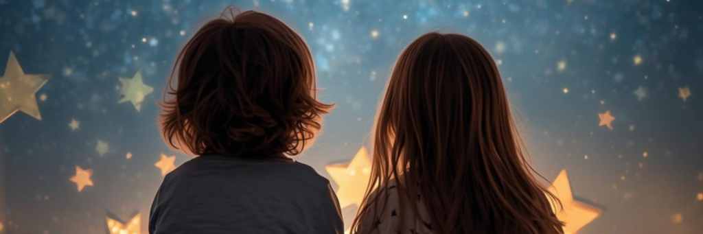 DIY-Sterne: Zwei Kinder blicken in einen Sternenhimmel, umgeben von leuchtenden Sternen. DIY-Projekt für Kinder.