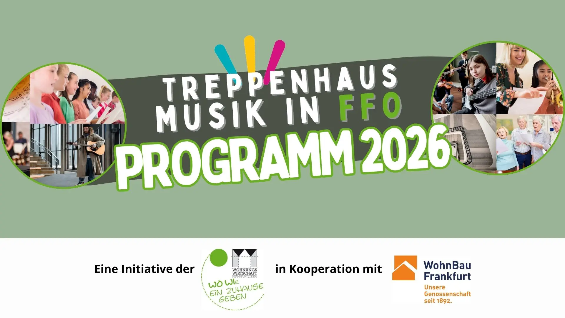 Programm_Treppenhausmusik 2026 mit Fotos von musizierenden Menschen und Sängern in einem Treppenhaus