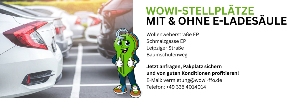 WOWI-FFO Stellplätze: Foto von Autos auf einem Parkplatz, Cartoon Schlüssel mit Text zu Vermietung, E-Ladesäulen.