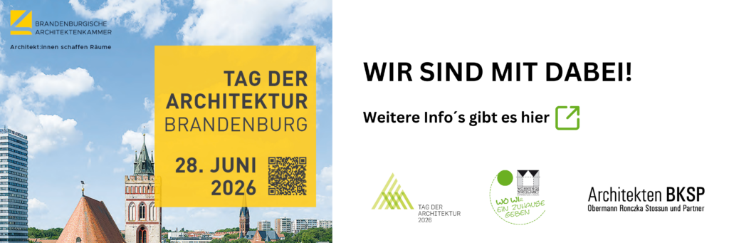 Tag der Architektur Grafik zum Tag der Architektur Brandenburg am 28. Juni 2026 mit Stadtansicht, QR-Code und Hinweisen auf Architekten BKSP.