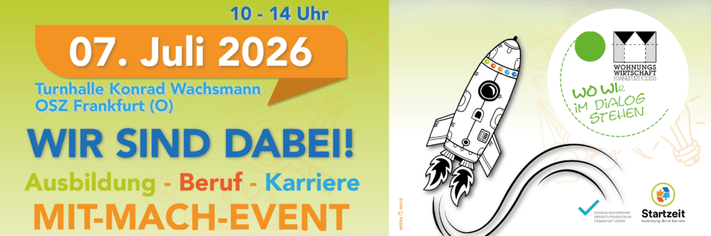 Startzeit Grafik mit einer Rakete, Ankündigungsbanner für das Mit-Mach-Event zur Ausbildung am 7. Juli 2026 in der Turnhalle