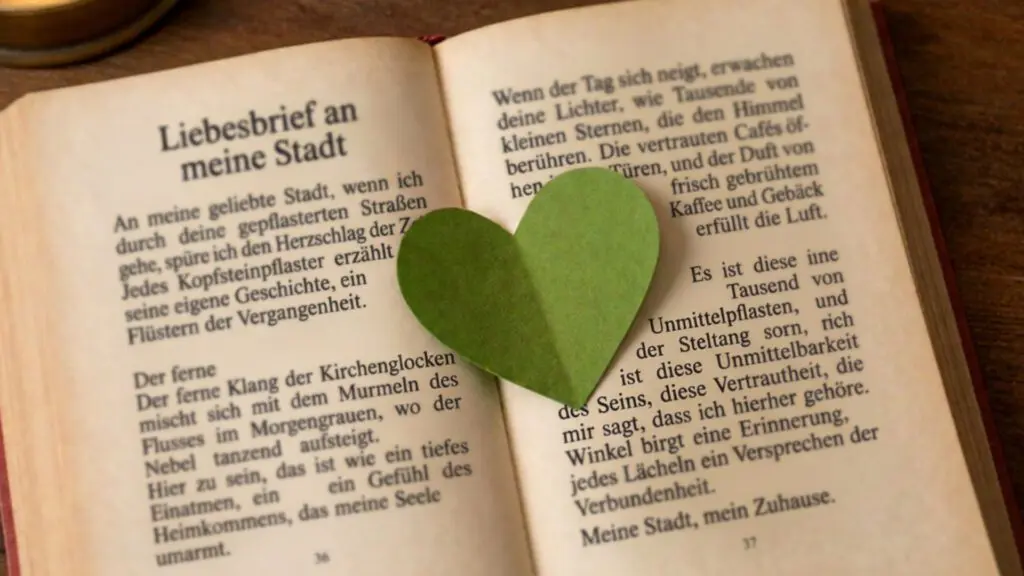 Geschichten Offenes Buch mit einer grünen Herzform aus Papier auf der Seite für WOWI-Geschichten