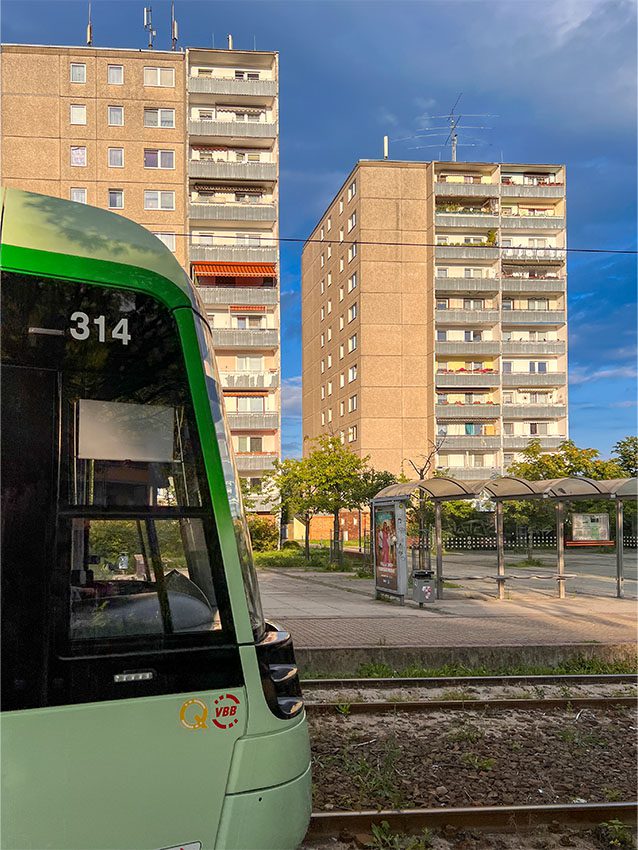 Neuberesinchen: Grüne Straßenbahn vor Wohnblöcken und Haltestelle. Birkenallee im Hintergrund.