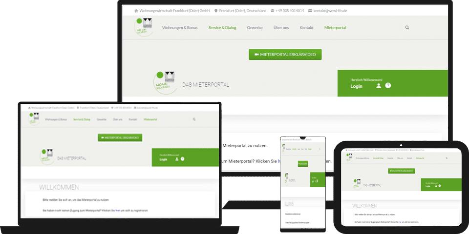 WOWI-FFO Mieterportal Startseite: Webseite auf Laptop, Tablet und Smartphone. Mieterportal Erklärvideo.