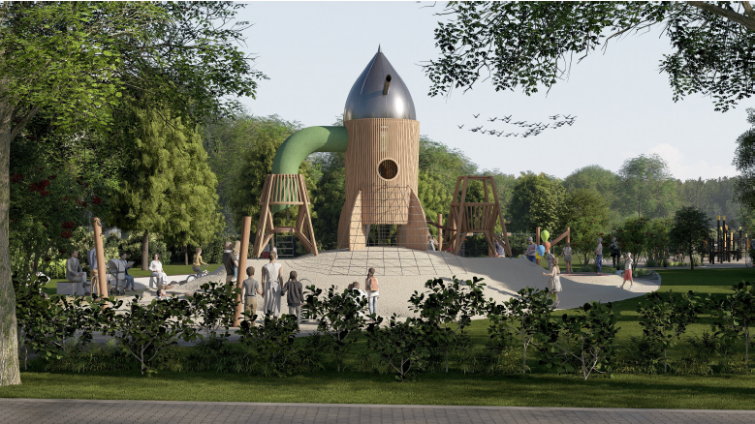 Visualisierung eines Spielplatzes im Kosmonauten-Viertel mit Raketen-Klettergerüst und Kindern beim Spielen.