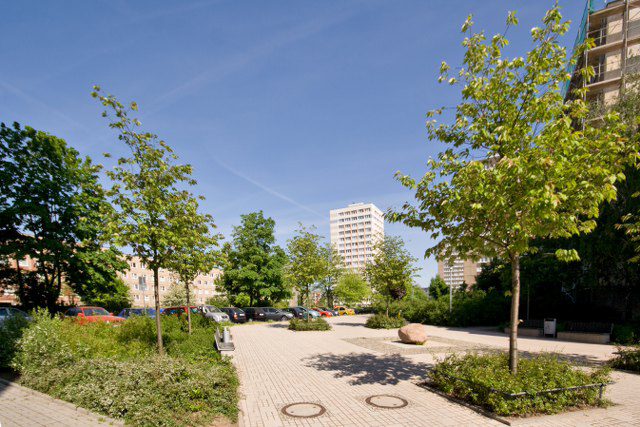 Startseite: Umfeld mit Parkplatz, Bäumen und Hochhaus im Hintergrund. Die Szene ist bei hellem Tageslicht aufgenommen.