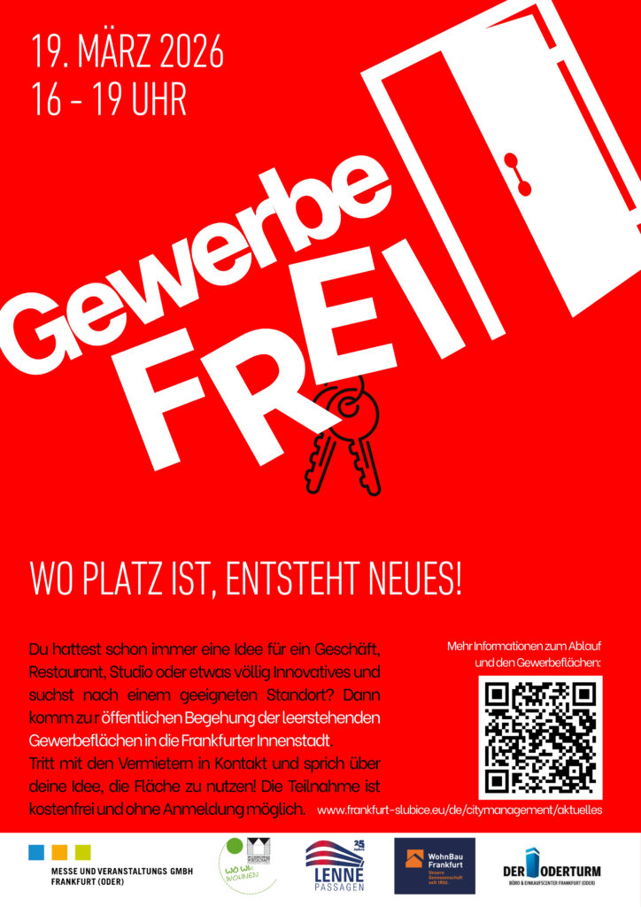 Plakat GewerbeFREI: Roter Hintergrund mit weißer Schrift, Schlüssel und geöffnete Tür. Offensive gegen Leerstand in der Innenstadt.