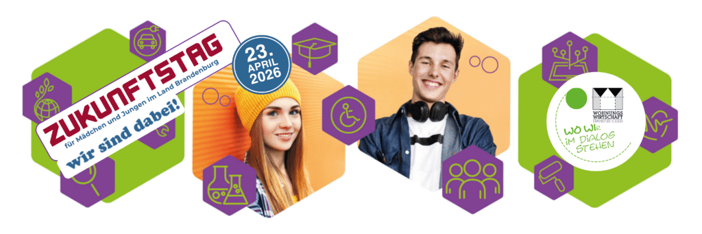 Zukunftstag Banner: Smiling young people with icons representing various professions and April 23, 2026 date.