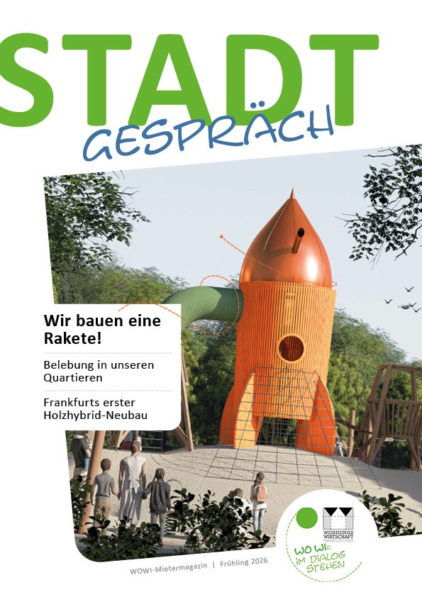 WOWI Stadtgespräch Frühjahr 2026: Illustration einer Rakete auf einem Spielplatz, mit dem Text "Wir bauen eine Rakete!"