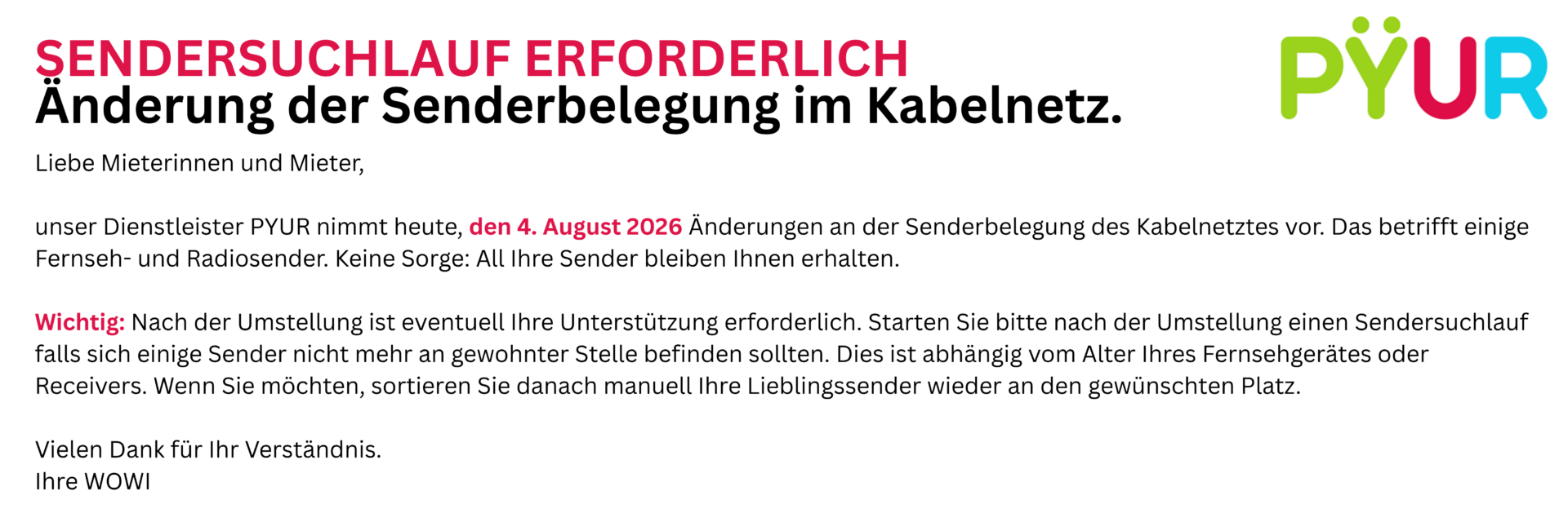 Startseite Web-Slider Grafik mit Hinweis zum Sendersuchlauf bei PYUR für Mieter wegen Änderungen der Senderbelegung.
